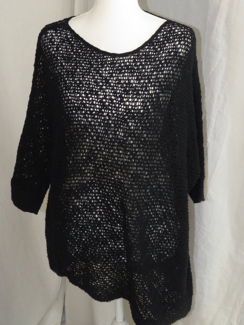 Eileen Fisher Black Open Knit Mesh Sweater M/L Oversized Minimalist Layering Top